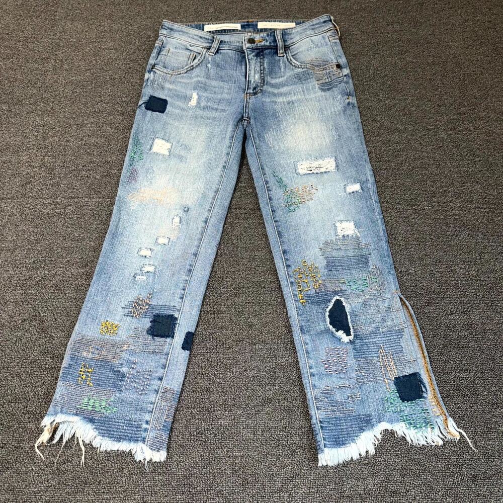 Pilcro Light Blue Distressed Cropped Jeans with Patchwork